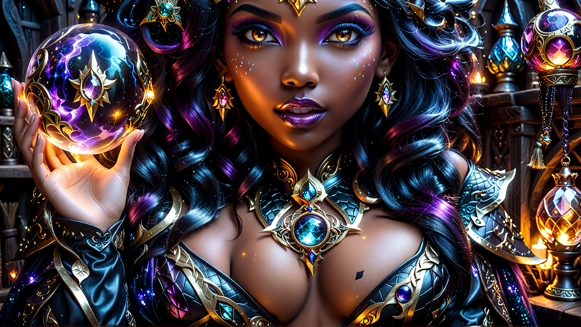 AI generated wallpaper featuring woman, crystal ball, jewelry, armor, hair, lamps