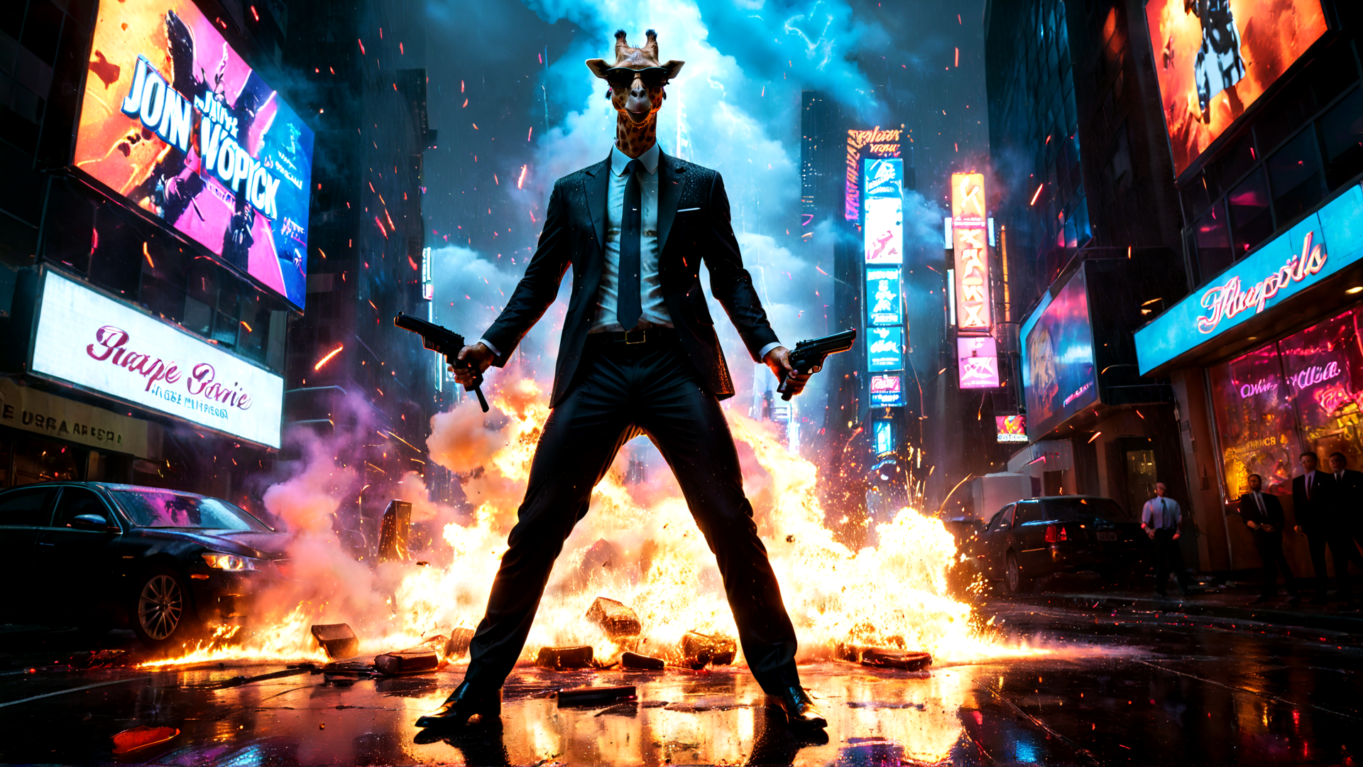 AI generated wallpaper featuring giraffe, gun, city