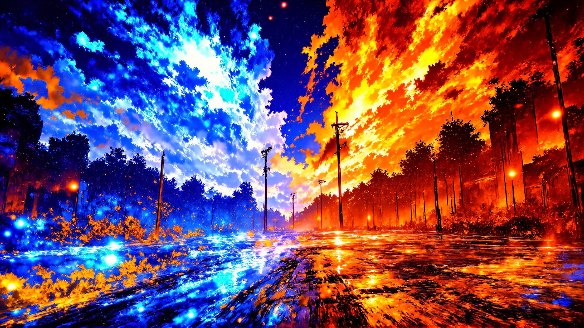 AI generated wallpaper featuring road, trees, streetlights, sky, clouds, water, fire, vapor, light, reflection