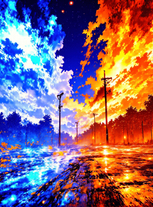 road, trees, streetlights, sky, clouds, water, fire, vapor, light, reflection