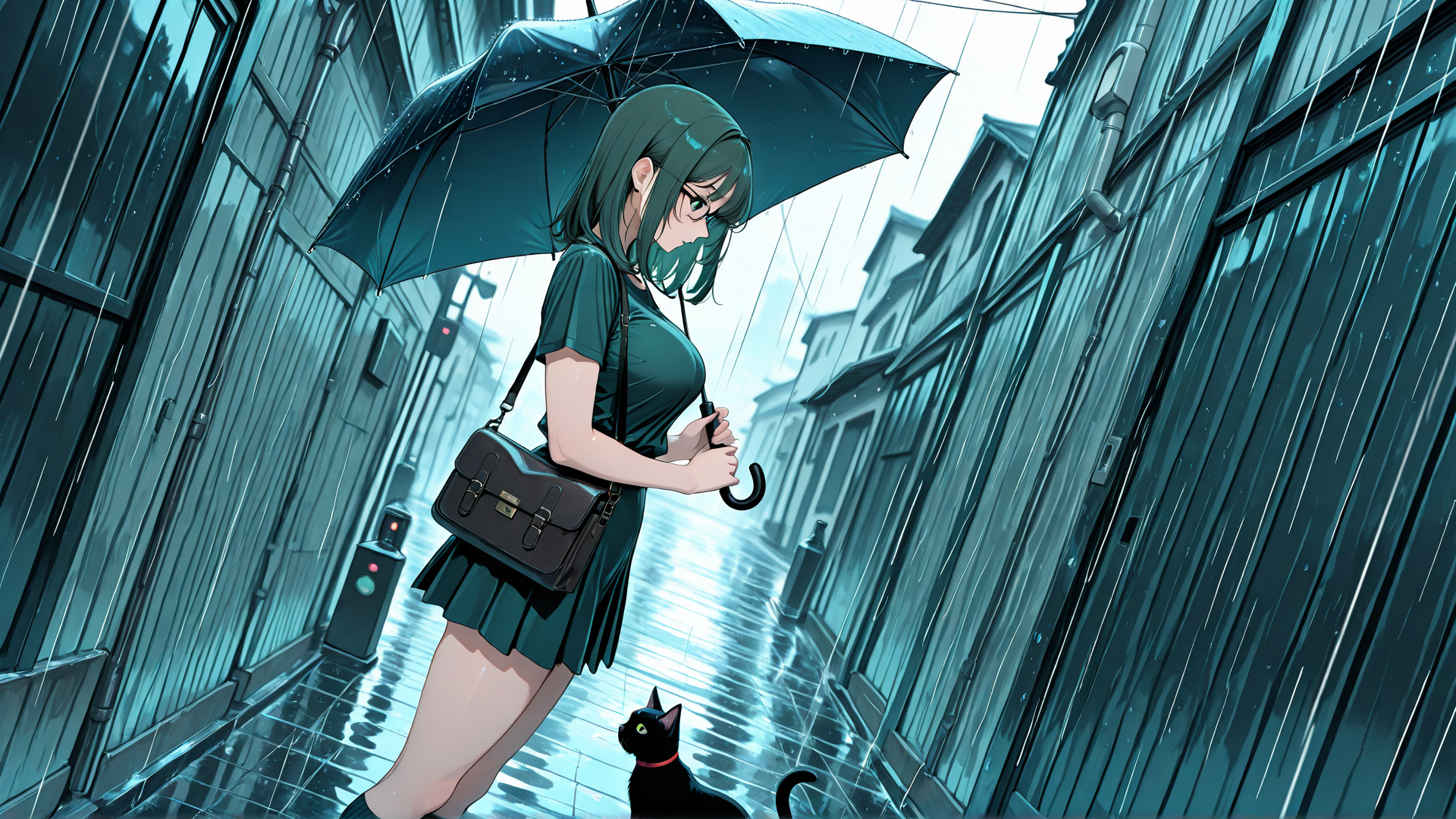 AI generated wallpaper featuring girl, umbrella, cat, street