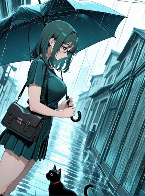 girl, umbrella, cat, street