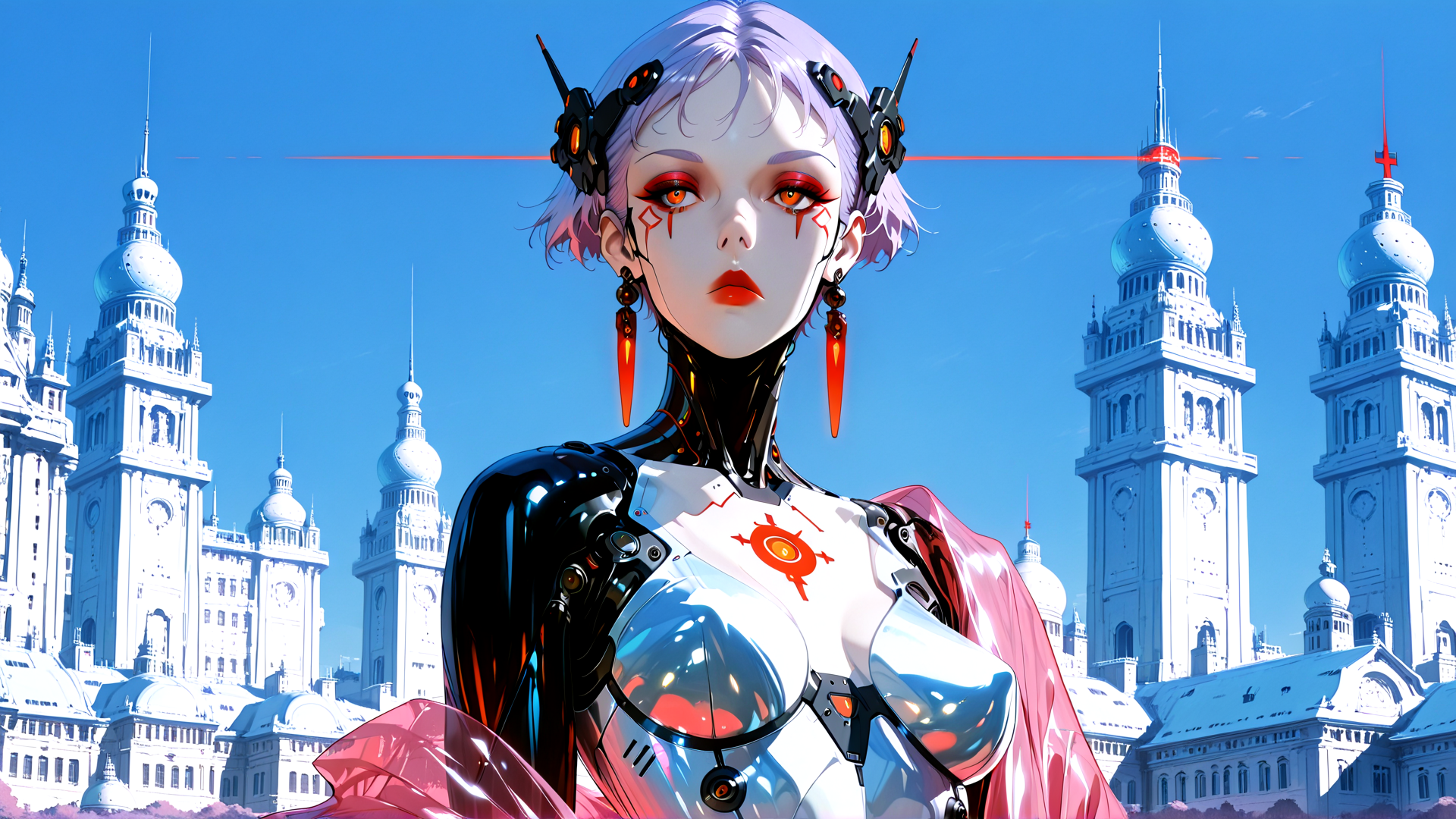 AI generated wallpaper featuring robot, cyborg, woman, cityscape, buildings