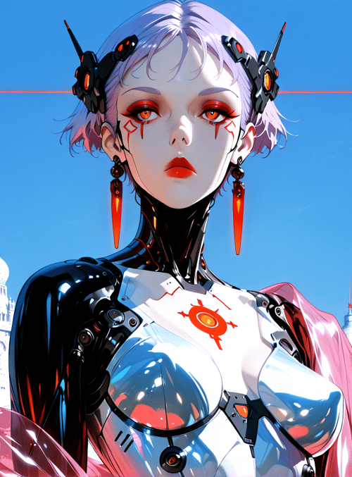 robot, cyborg, woman, cityscape, buildings