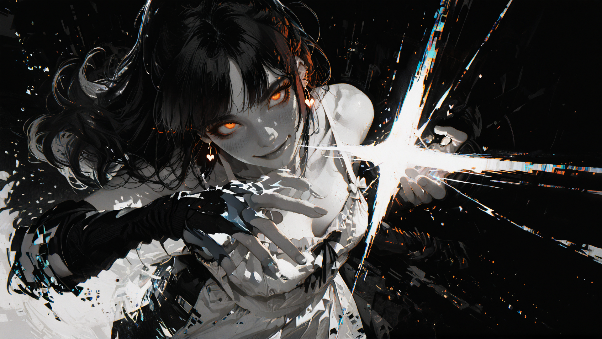 AI generated wallpaper featuring woman, gloves, light, hair, ears, dress