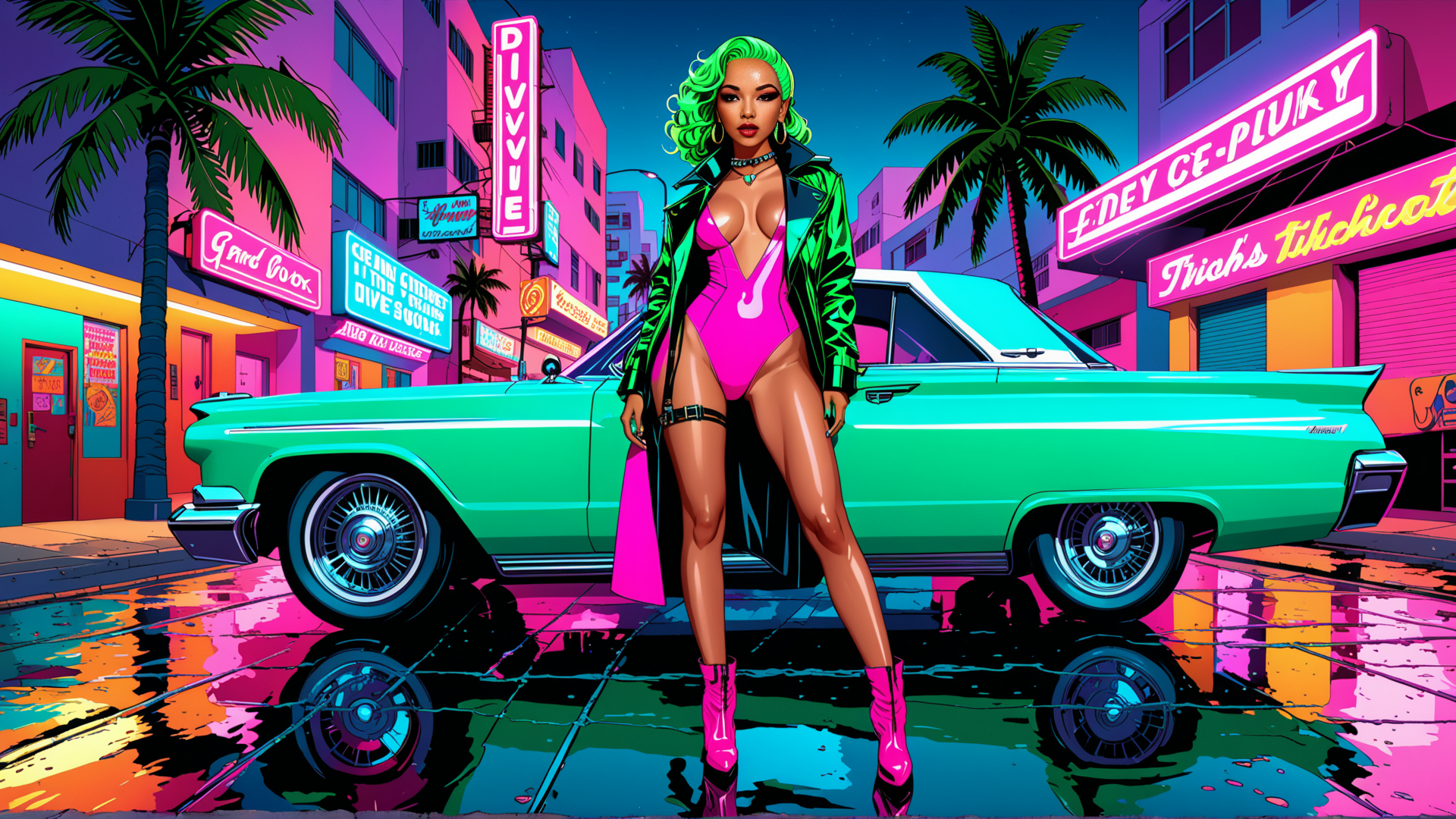 AI generated wallpaper featuring woman, car, street