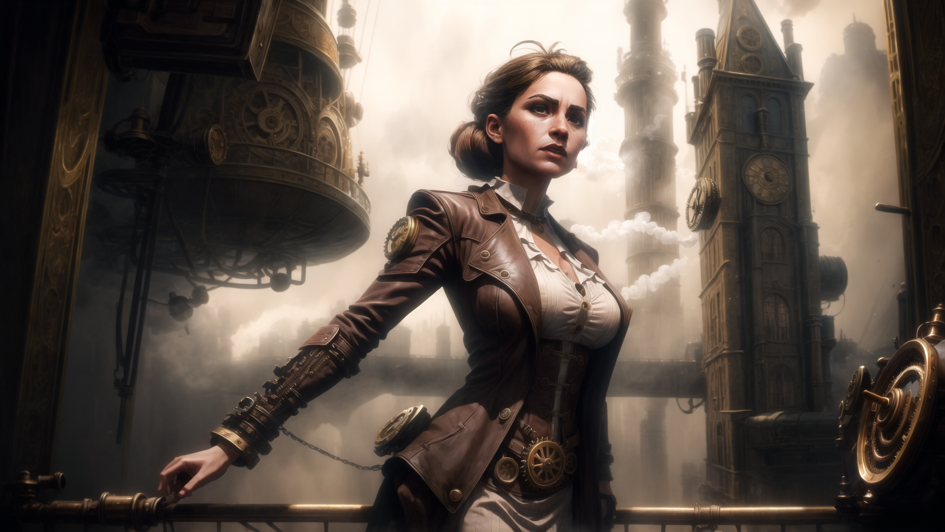 AI generated wallpaper featuring woman, steampunk, clock tower