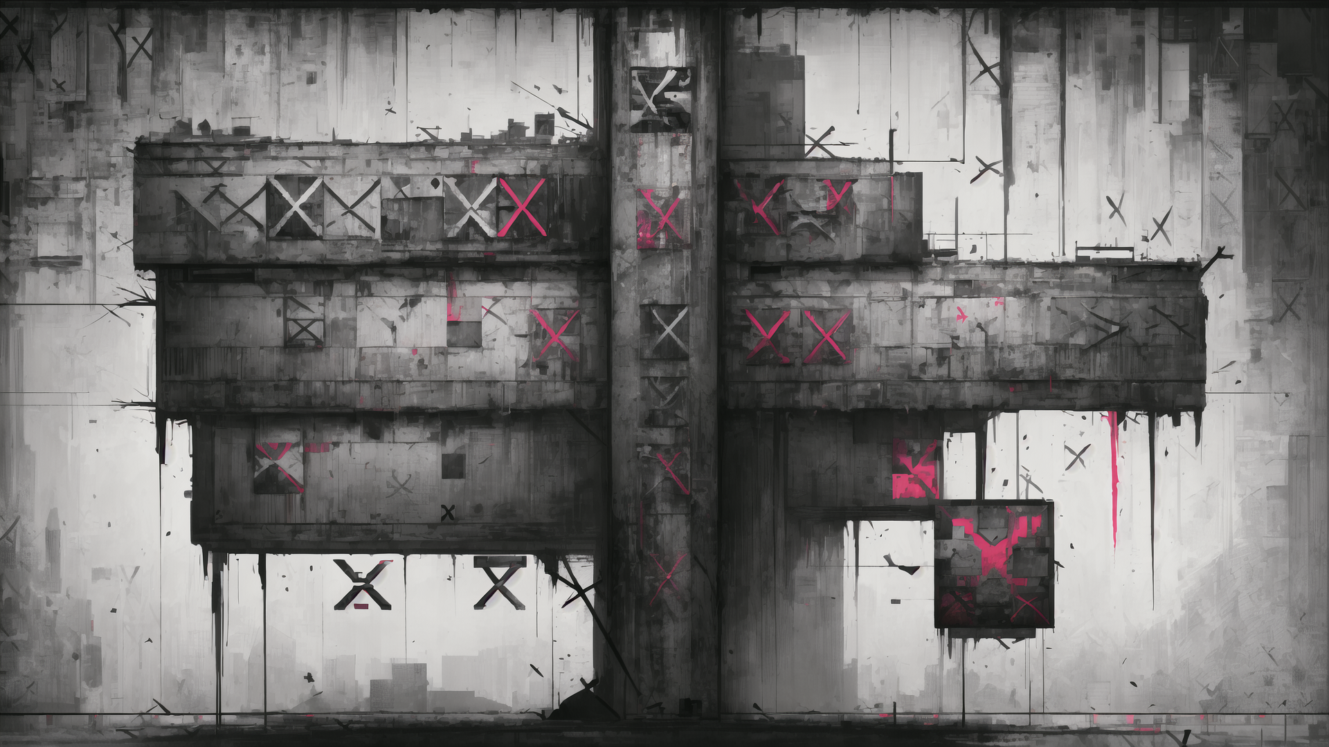 AI generated wallpaper featuring building, graffiti, concrete, urban, ruins