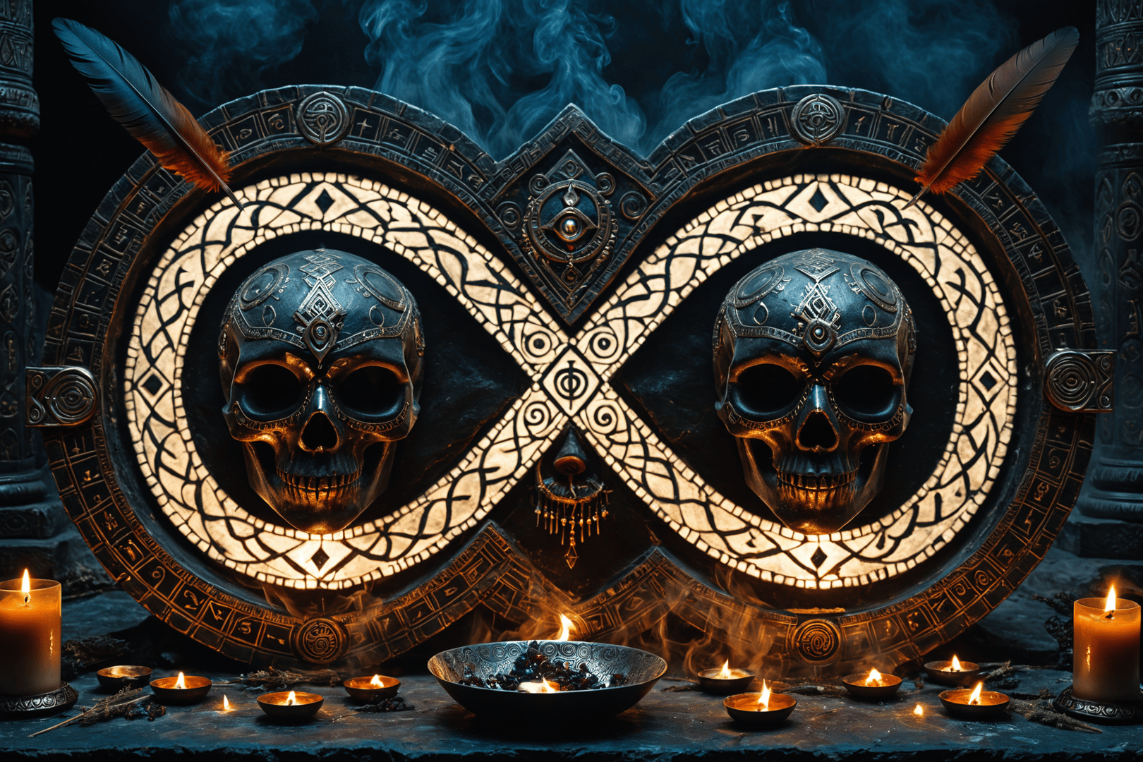 AI generated wallpaper featuring skull, symbol, candle
