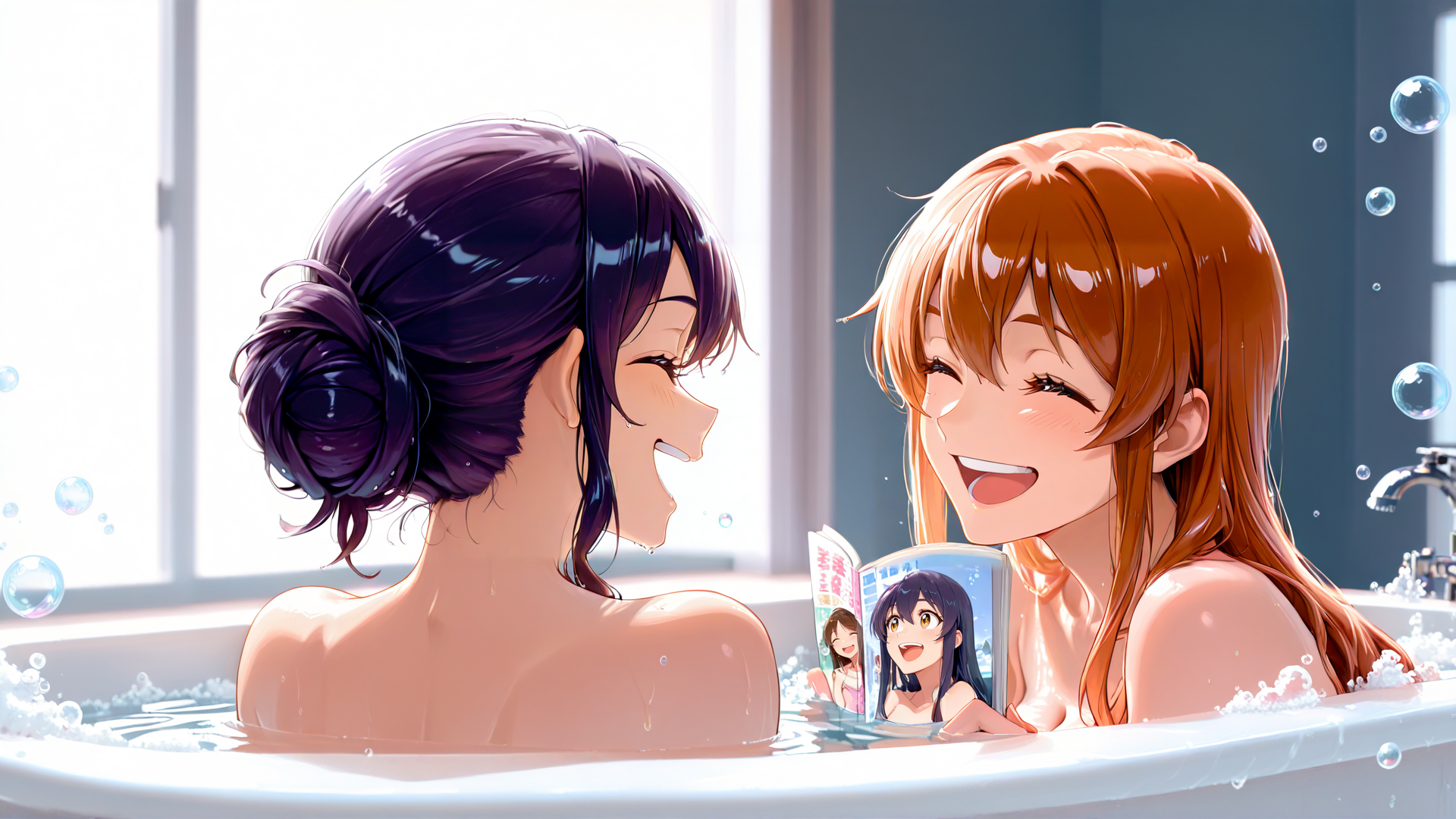AI generated wallpaper featuring girls, bath, book