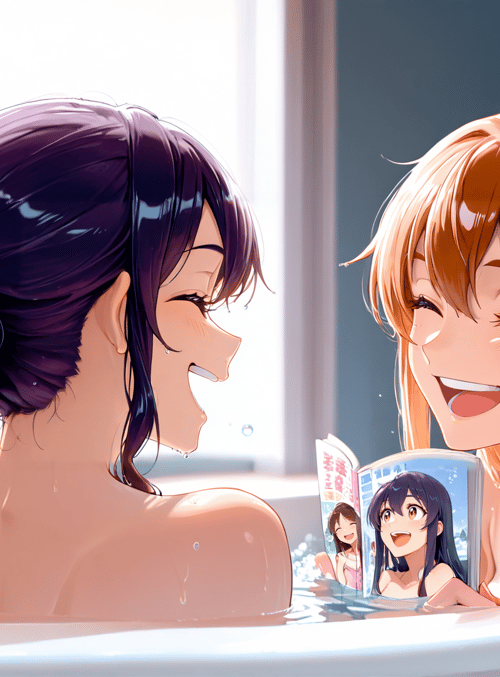 girls, bath, book