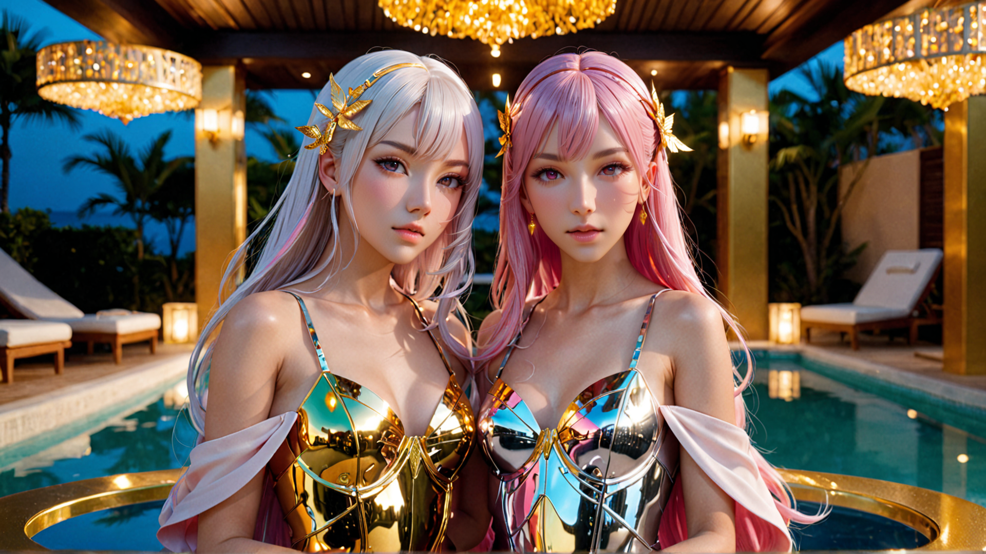AI generated wallpaper featuring girls, women, swimsuits, pool, chandelier, palms