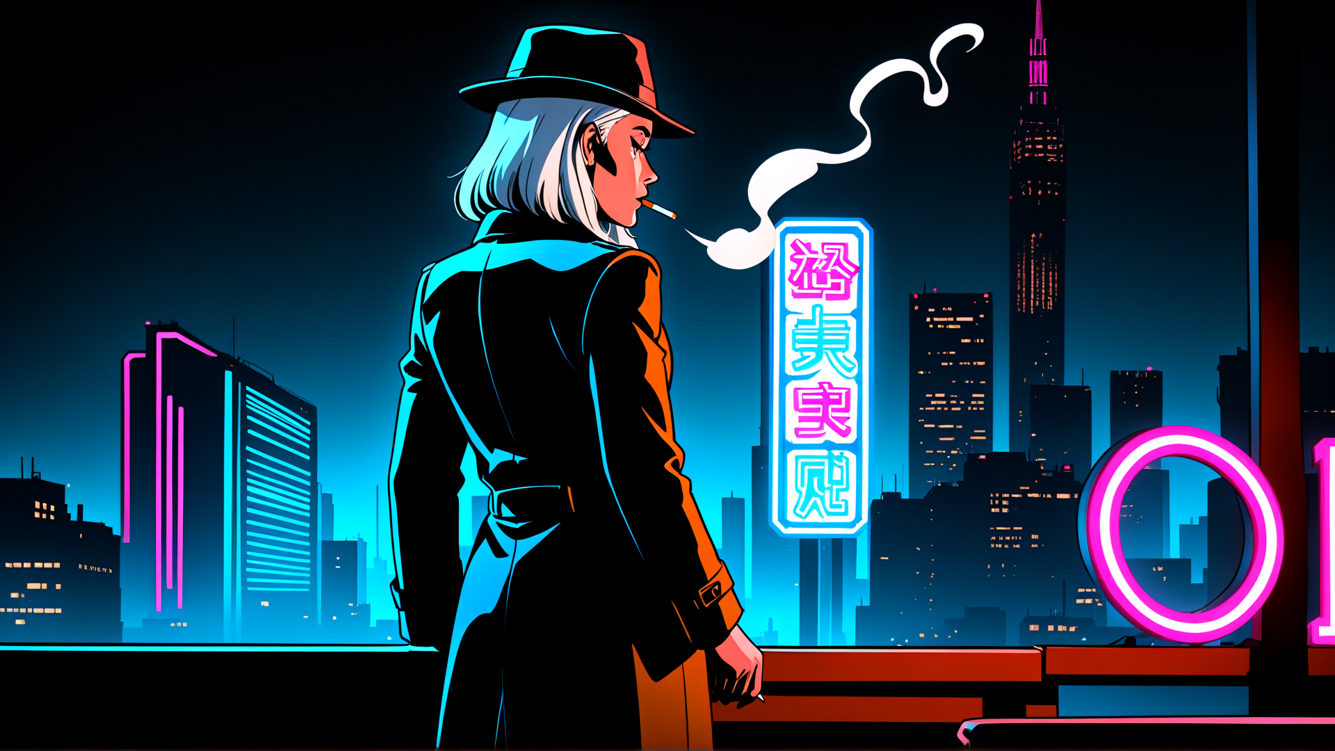 AI generated wallpaper featuring person, cityscape, neon sign, hat, cigarette, buildings, signpost, smoke, trench coat, urban