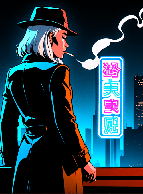 person, cityscape, neon sign, hat, cigarette, buildings, signpost, smoke, trench coat, urban