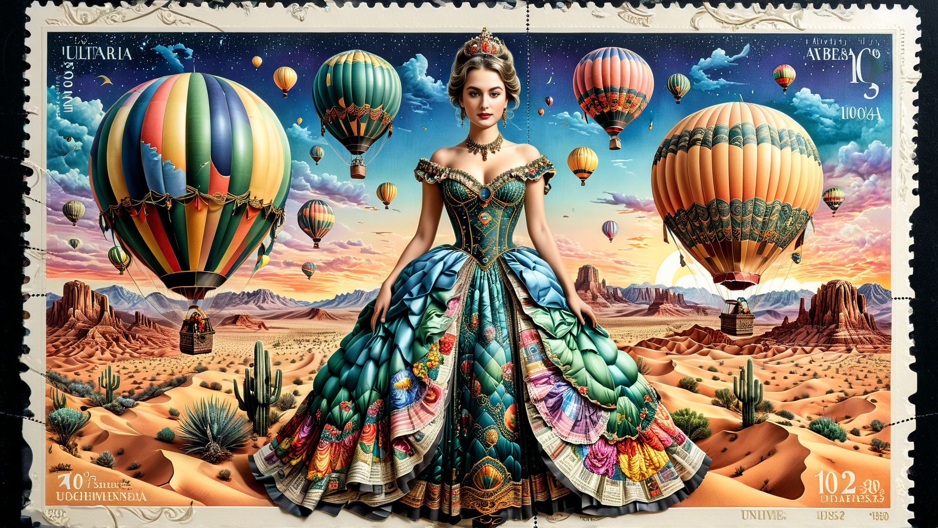 AI generated wallpaper featuring queen, hot air balloon, desert
