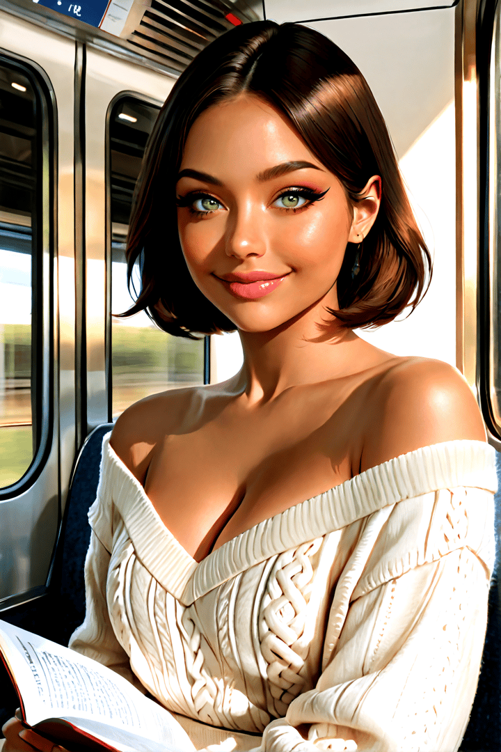 AI generated wallpaper featuring woman, train, book, sweater