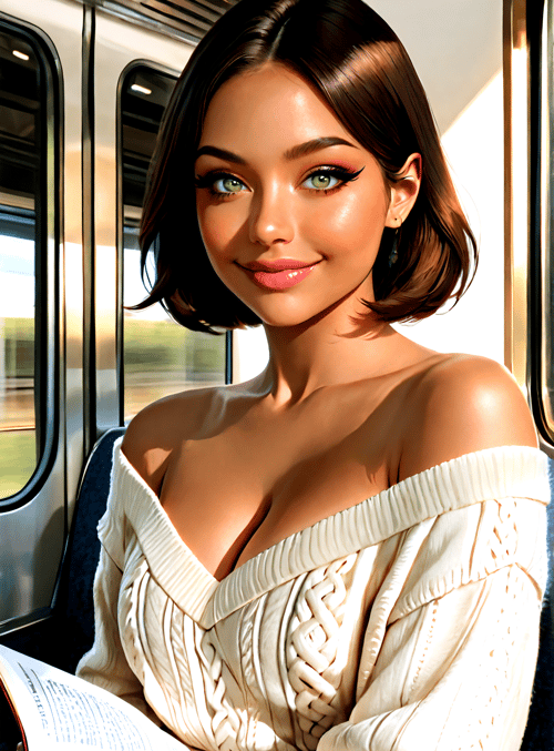 woman, train, book, sweater