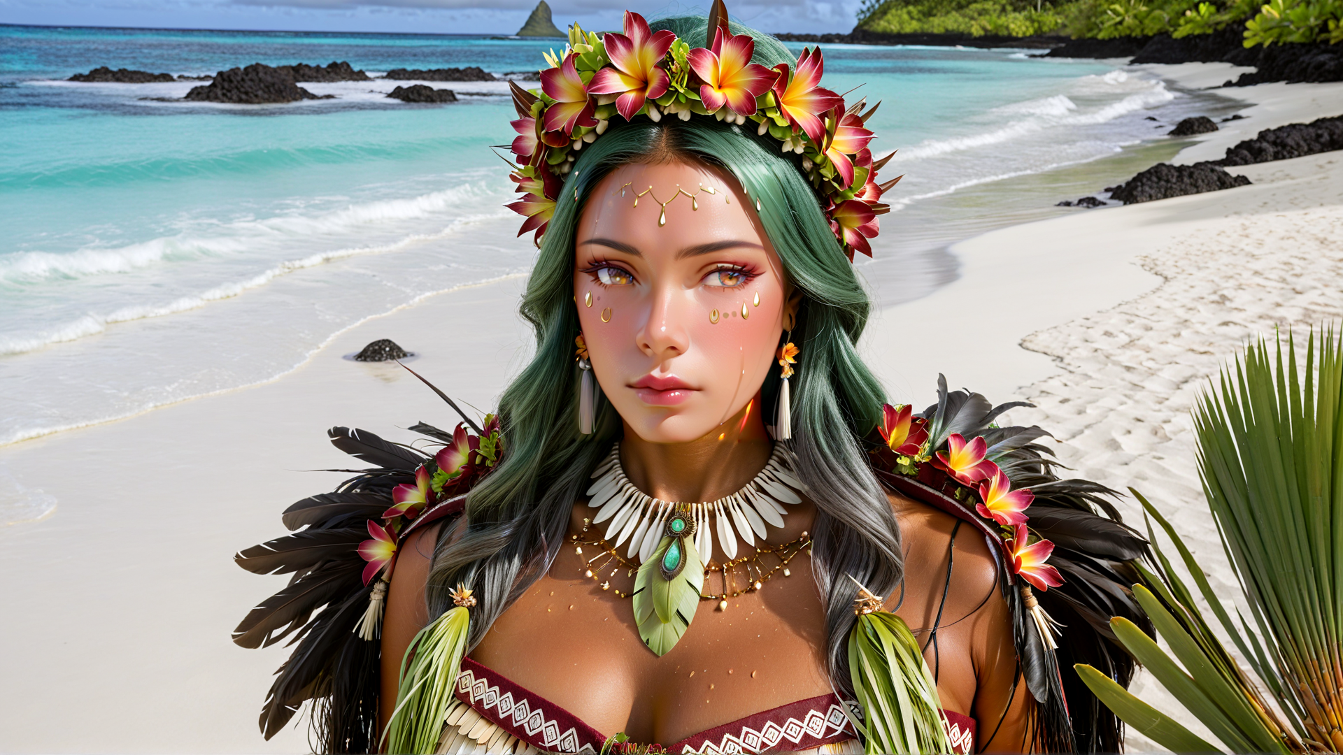 AI generated wallpaper featuring woman, beach, flower crown, feather, necklace, ocean, sand, tropical, palm, island