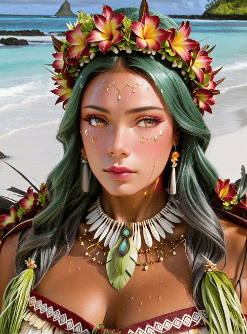 woman, beach, flower crown, feather, necklace, ocean, sand, tropical, palm, island