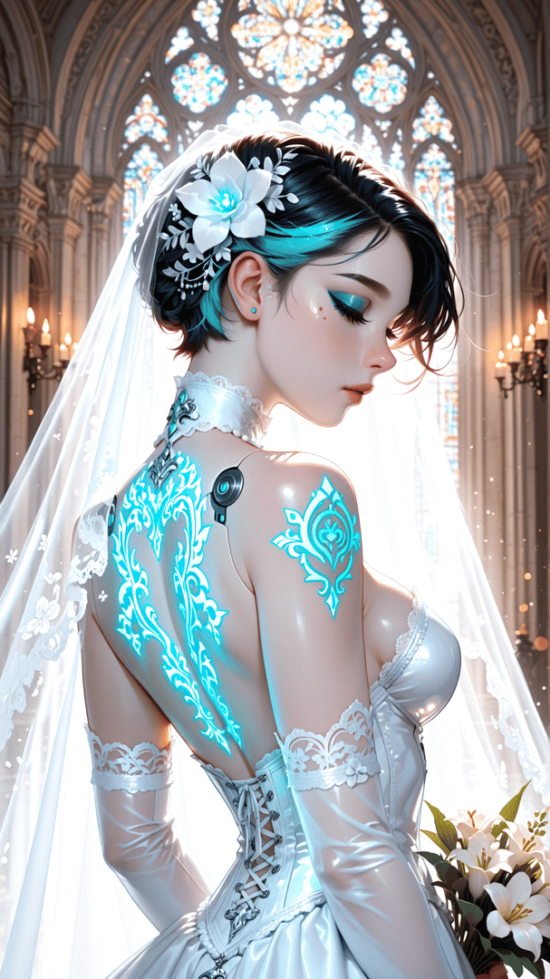AI generated wallpaper featuring bride, gown, veil, chapel, stained glass