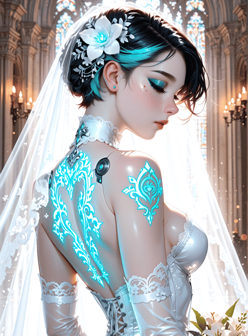 bride, gown, veil, chapel, stained glass
