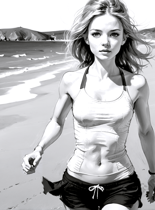 woman, beach, running, sand, ocean, mountains
