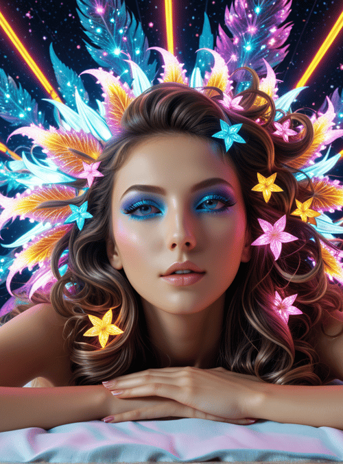 woman, feathers, stars, flowers, neon, space, clouds, eyes, hair, beads