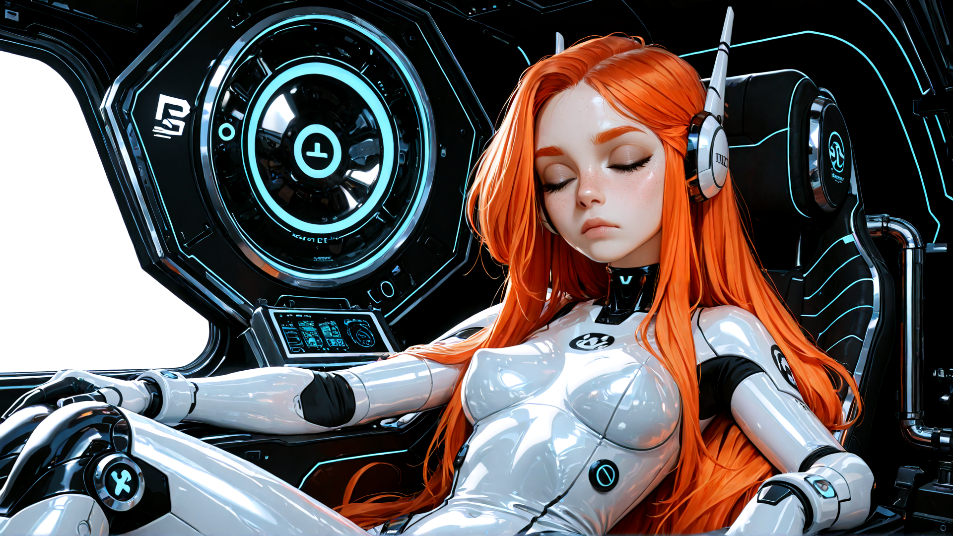 AI generated wallpaper featuring cyborg, robot, woman, gaming, helmet, hologram, control panel, futuristic, spaceship, headset
