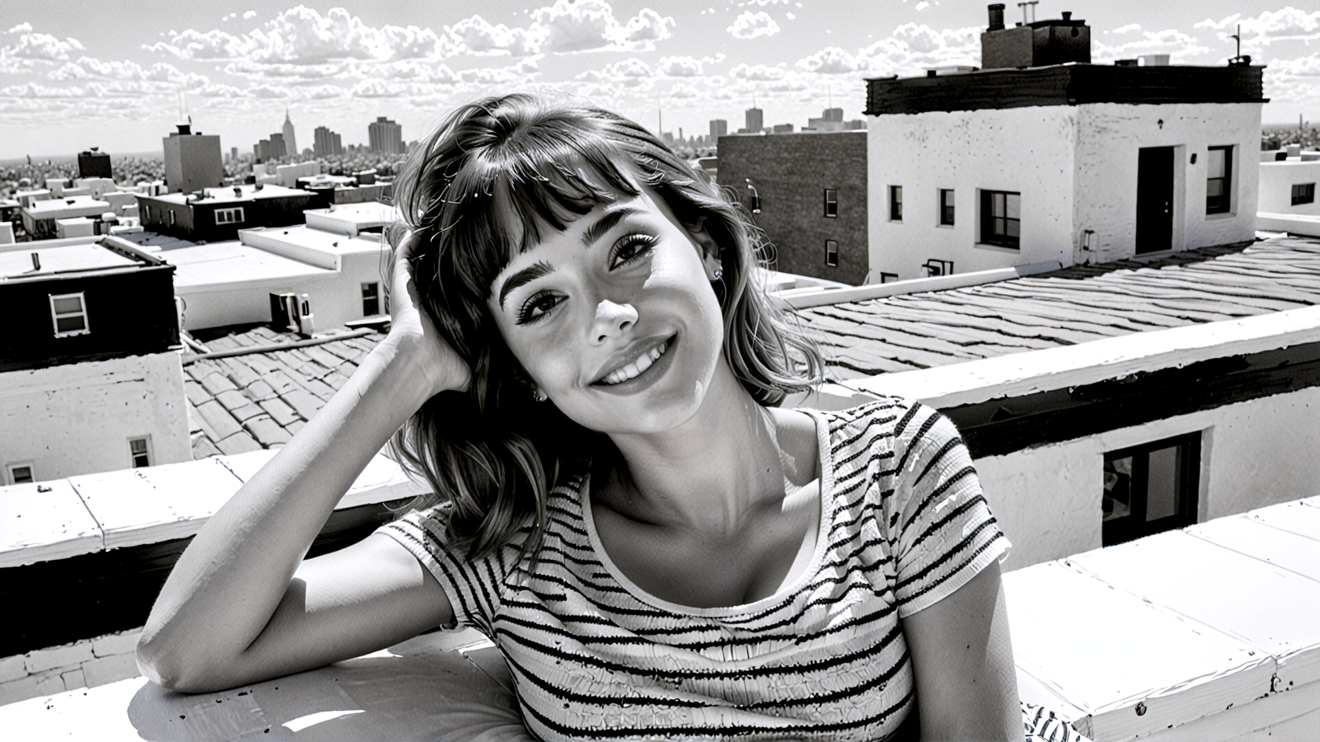 AI generated wallpaper featuring woman, rooftop, cityscape, buildings, sunlight, stripes, hair, smile, sky, rooftop