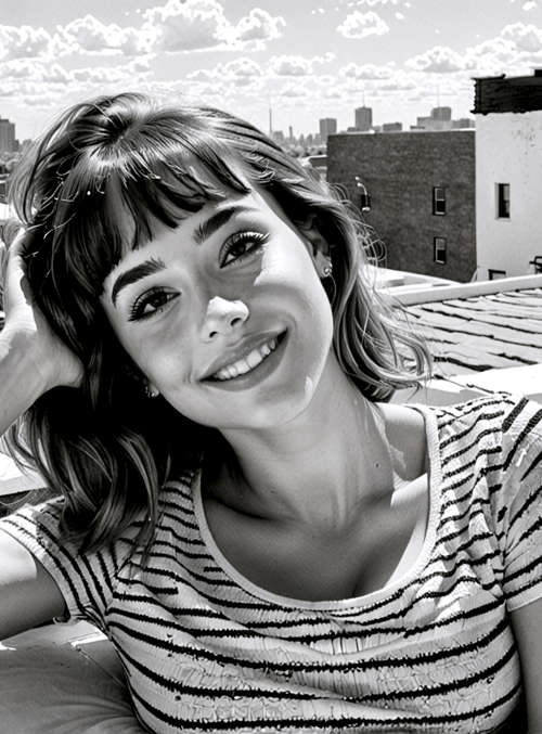woman, rooftop, cityscape, buildings, sunlight, stripes, hair, smile, sky, rooftop