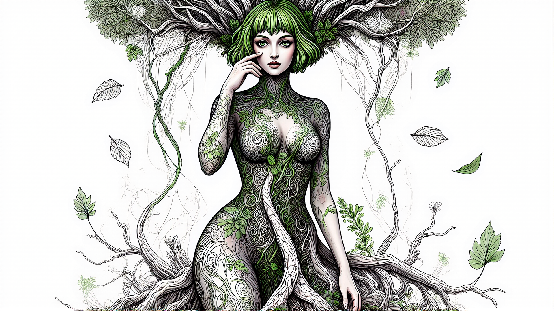 AI generated wallpaper featuring woman, tree, roots, leaves, nature