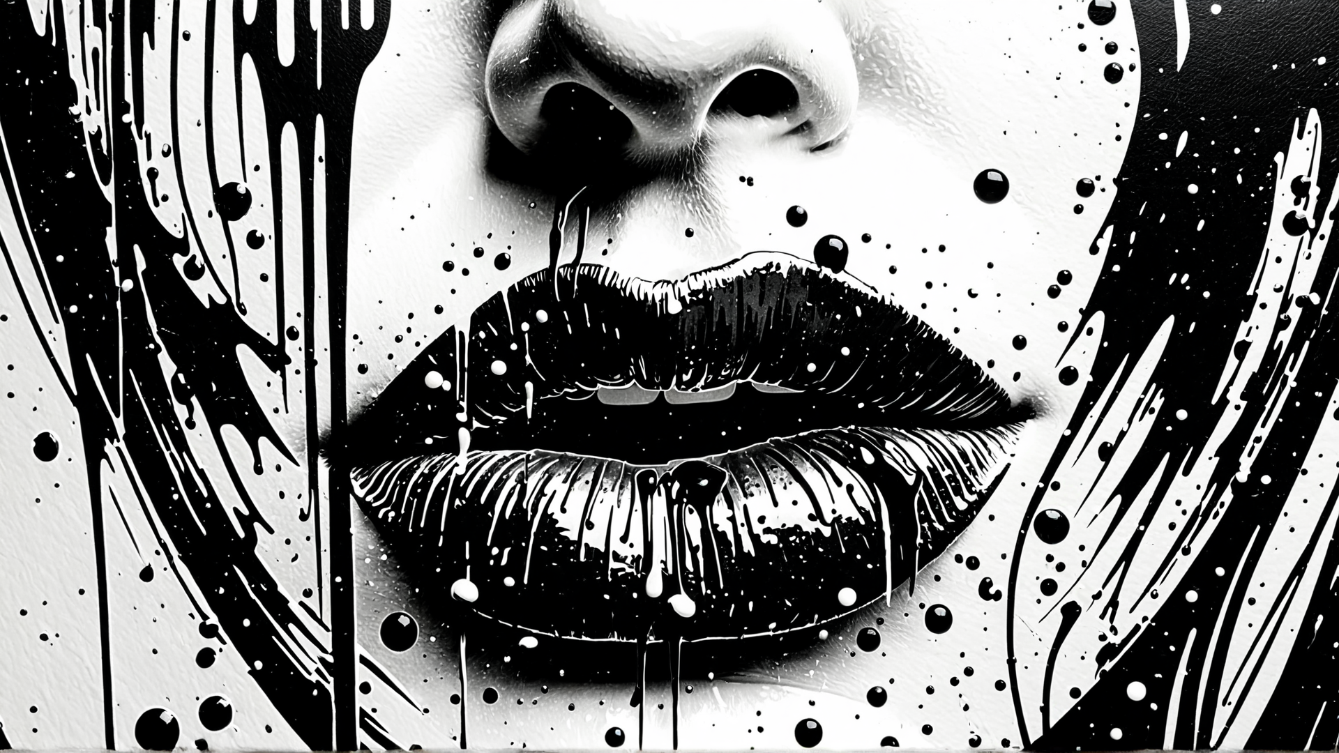 AI generated wallpaper featuring lips, nose, splotches, drips, bubbles