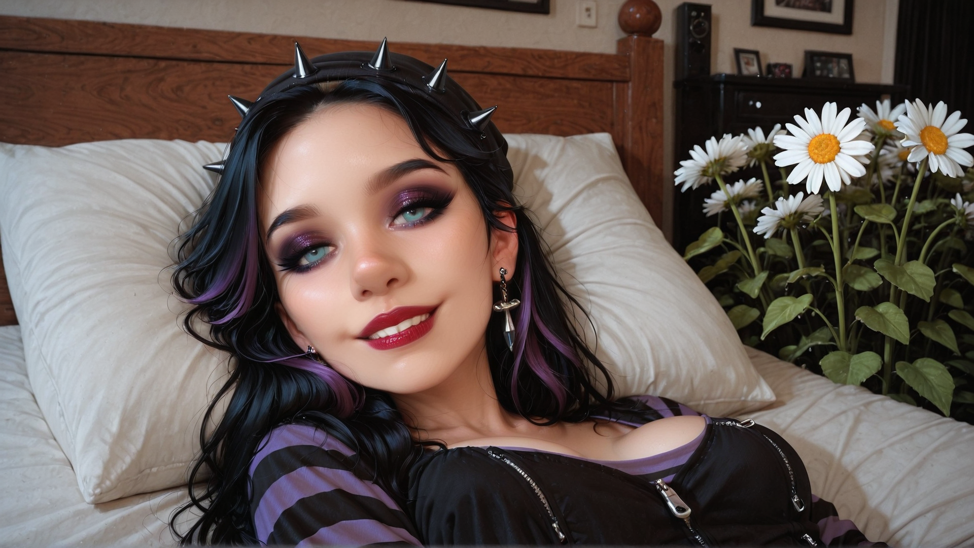 AI generated wallpaper featuring woman, bed, flowers, headband, earrings, dress