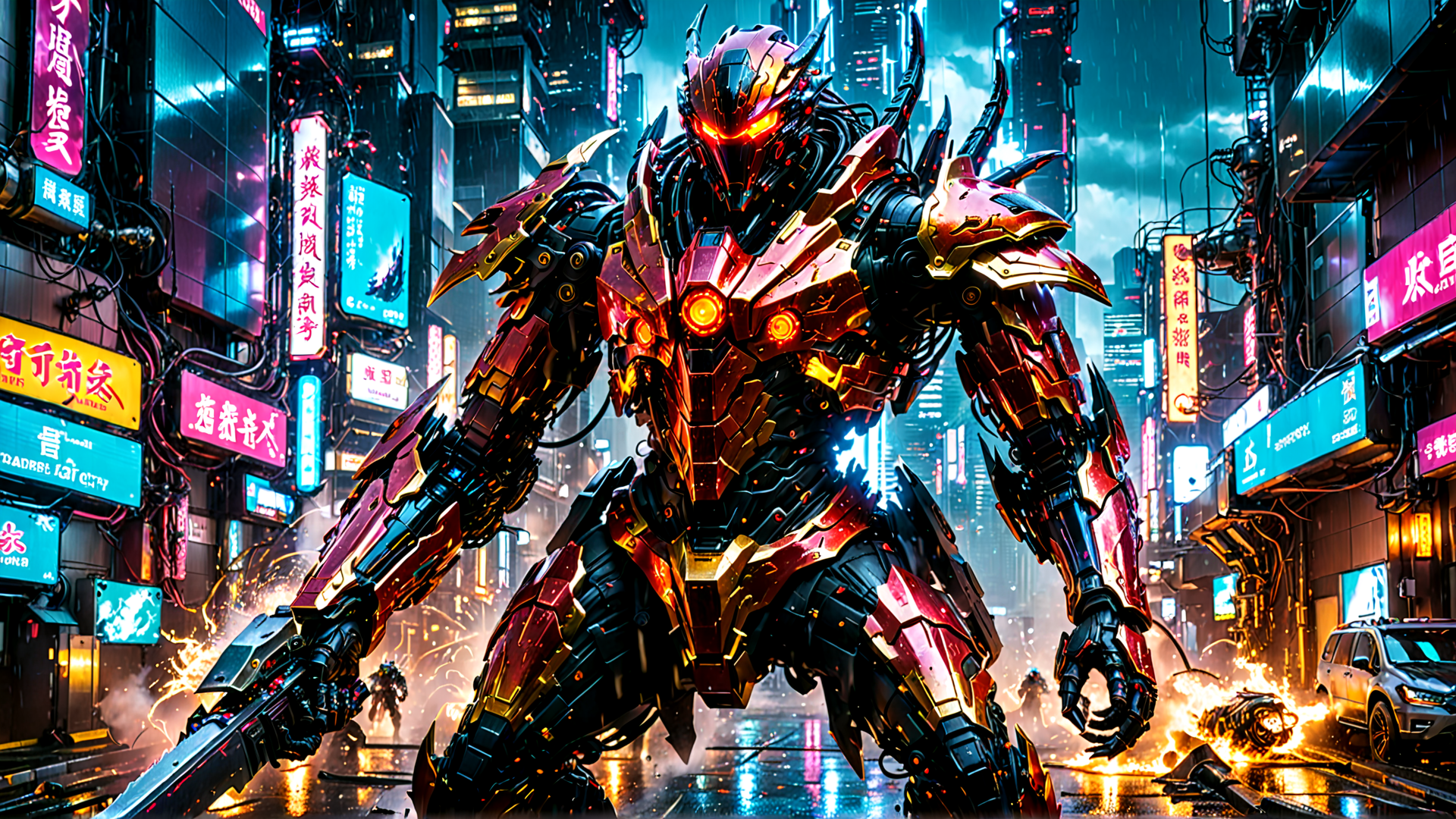AI generated wallpaper featuring mecha, robot, city, buildings, signs, cars, sparks, fire, rain, street