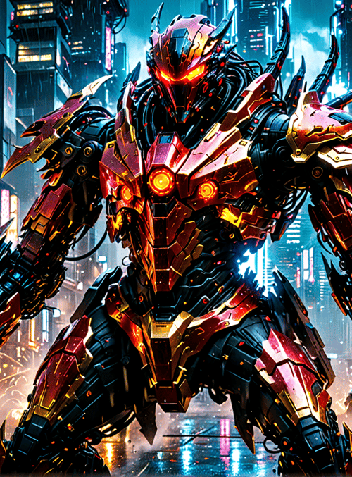 mecha, robot, city, buildings, signs, cars, sparks, fire, rain, street