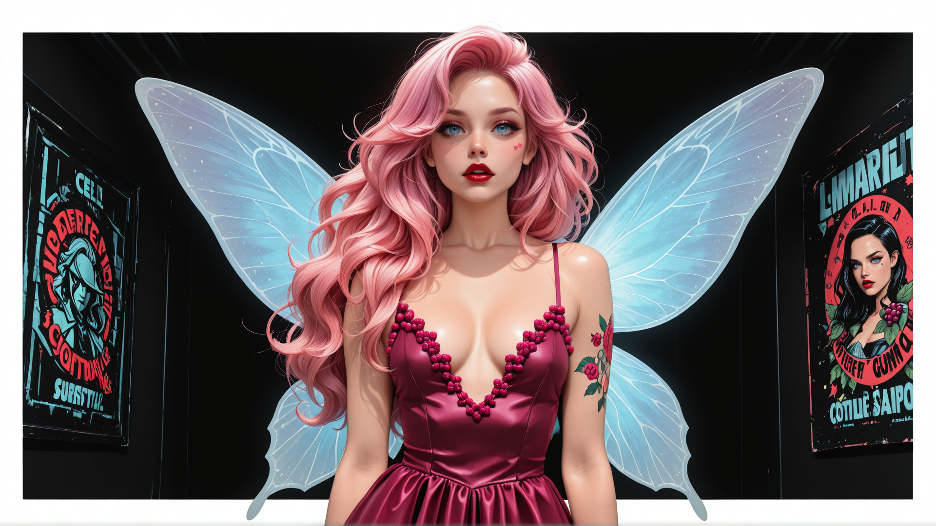 AI generated wallpaper featuring fairy, woman, wing, dress, tattoo