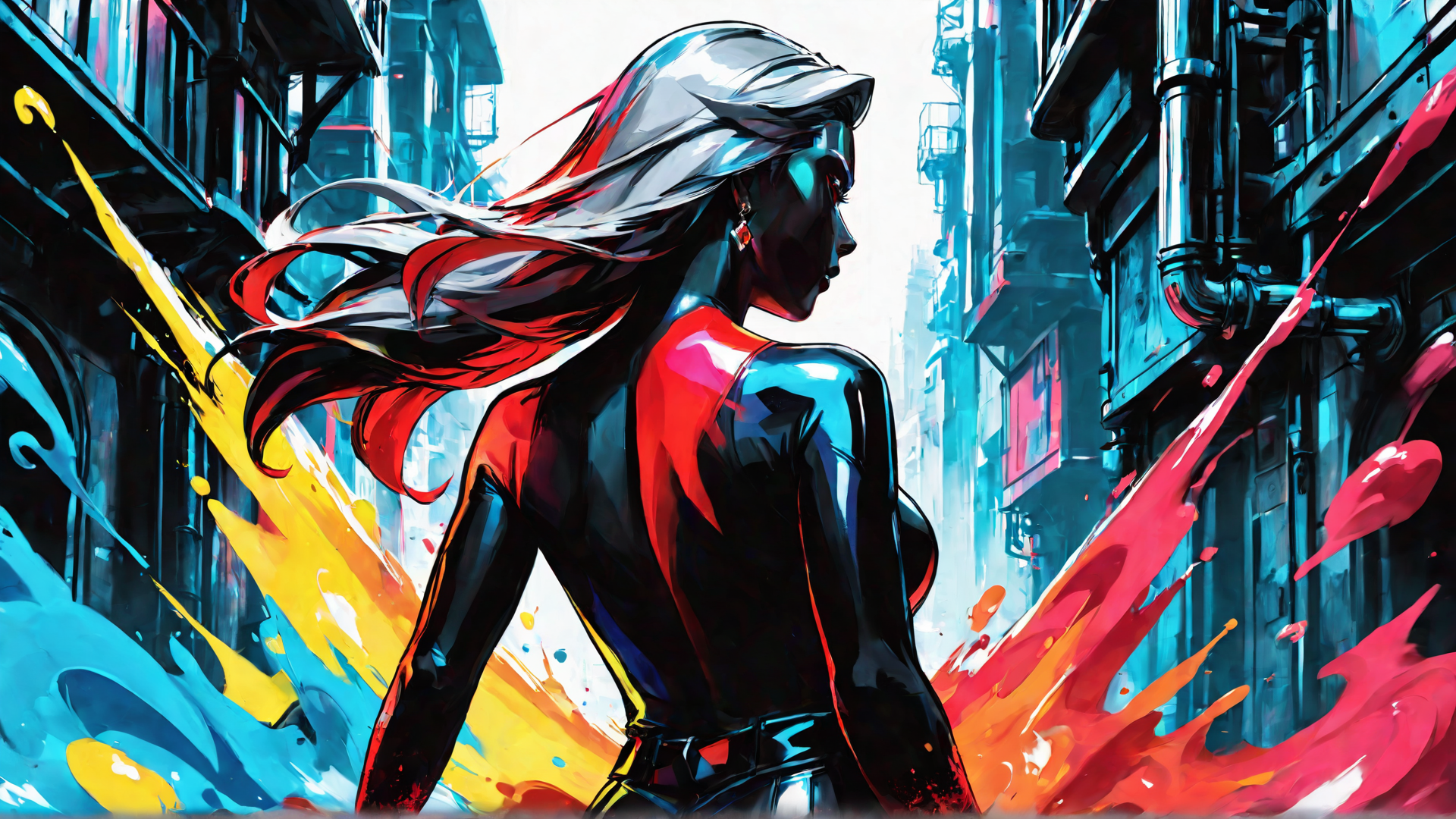 AI generated wallpaper featuring woman, cityscape, street, hair