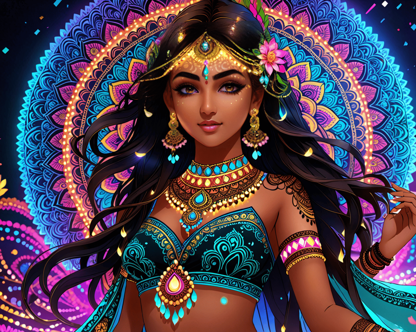 AI generated wallpaper featuring woman, mandala, jewelry