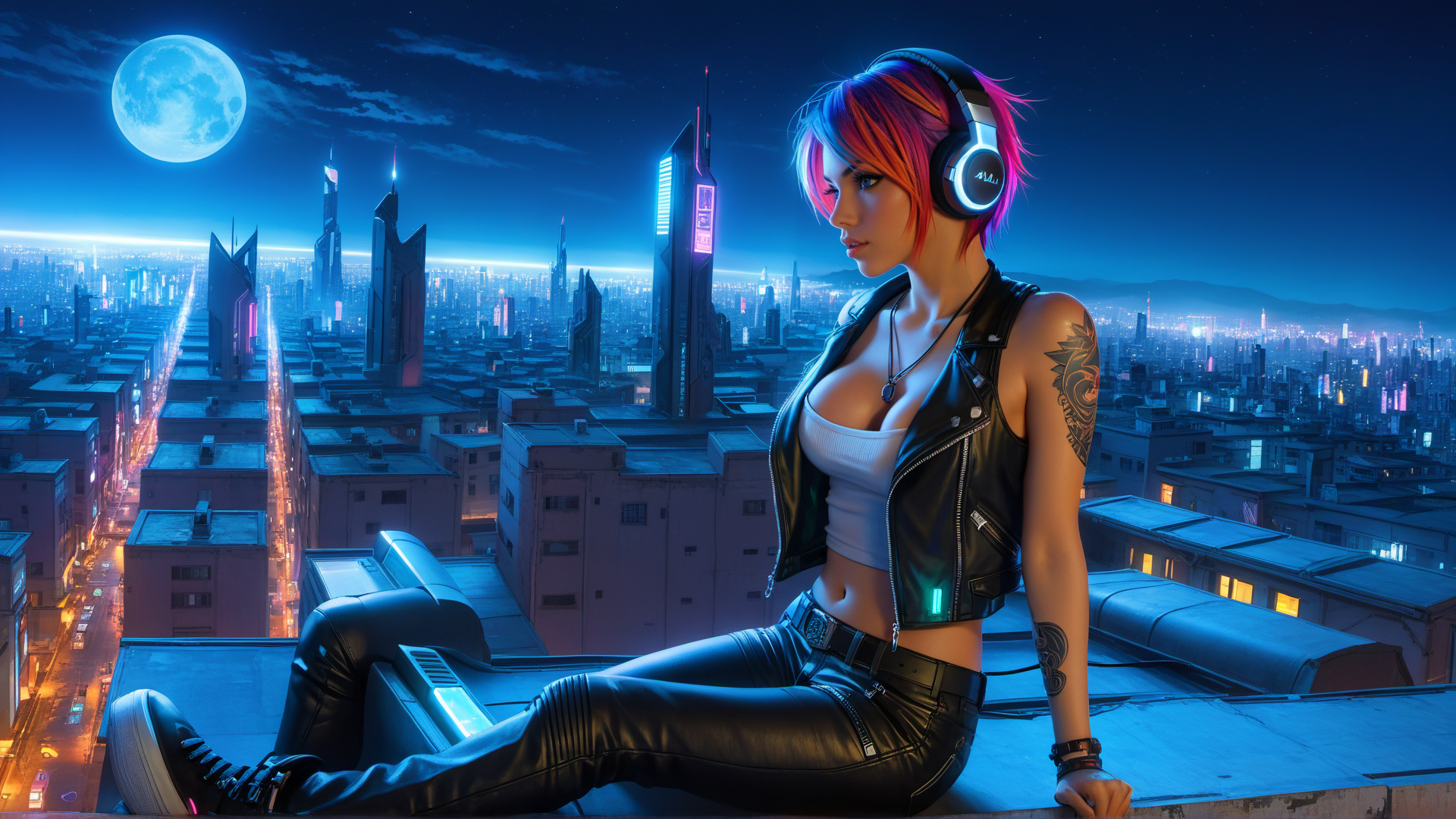 AI generated wallpaper featuring woman, cityscape, headphones
