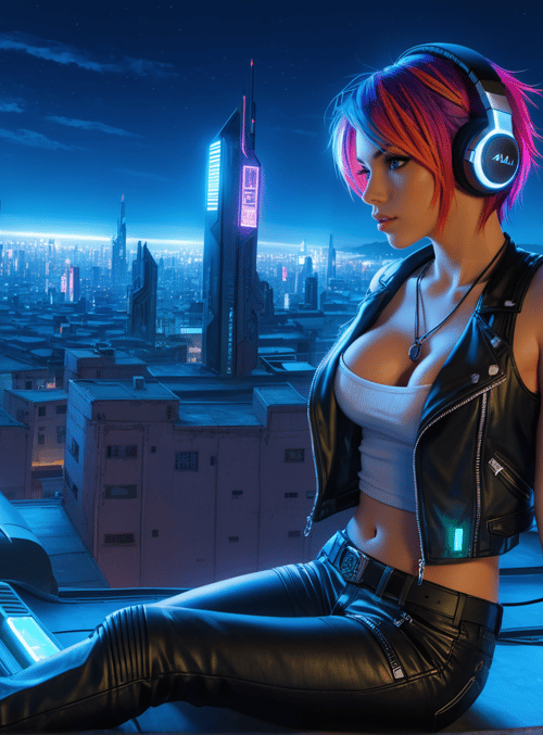 woman, cityscape, headphones