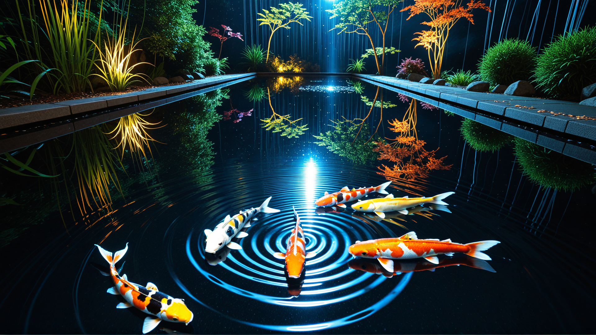 AI generated wallpaper featuring koi fish, pond, trees, plants, water, rocks, reflections, light, rings, path