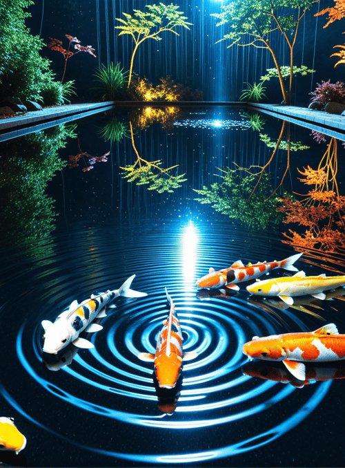 koi fish, pond, trees, plants, water, rocks, reflections, light, rings, path