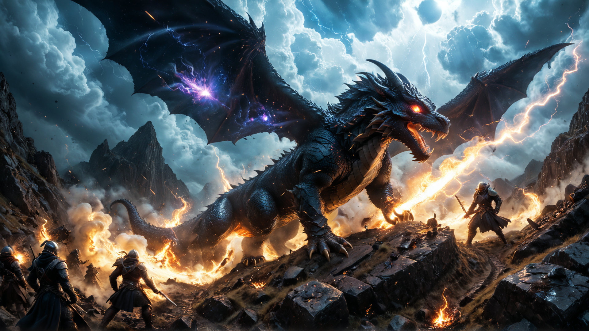 AI generated wallpaper featuring dragon, knights, mountains