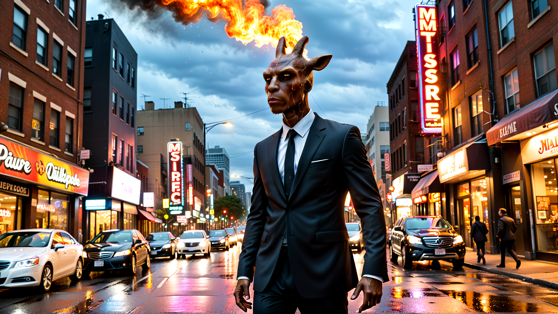 AI generated wallpaper featuring goat, man, fire