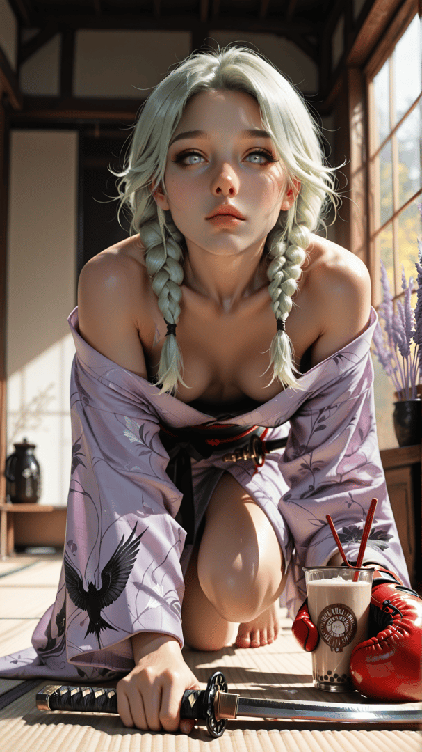 AI generated wallpaper featuring blonde, braid, kimono, swordsman, mug, gloves, bowl, sake, lotion, bowl