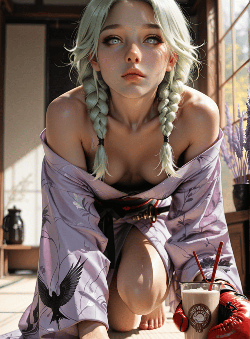 blonde, braid, kimono, swordsman, mug, gloves, bowl, sake, lotion, bowl