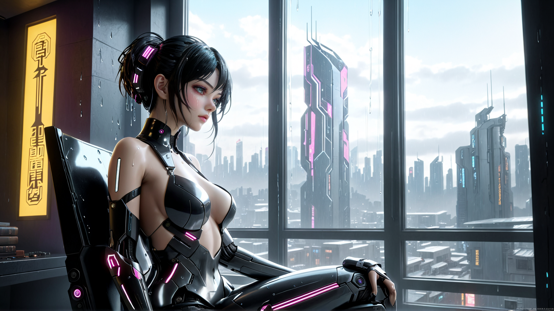 AI generated wallpaper featuring cyborg, woman, chair