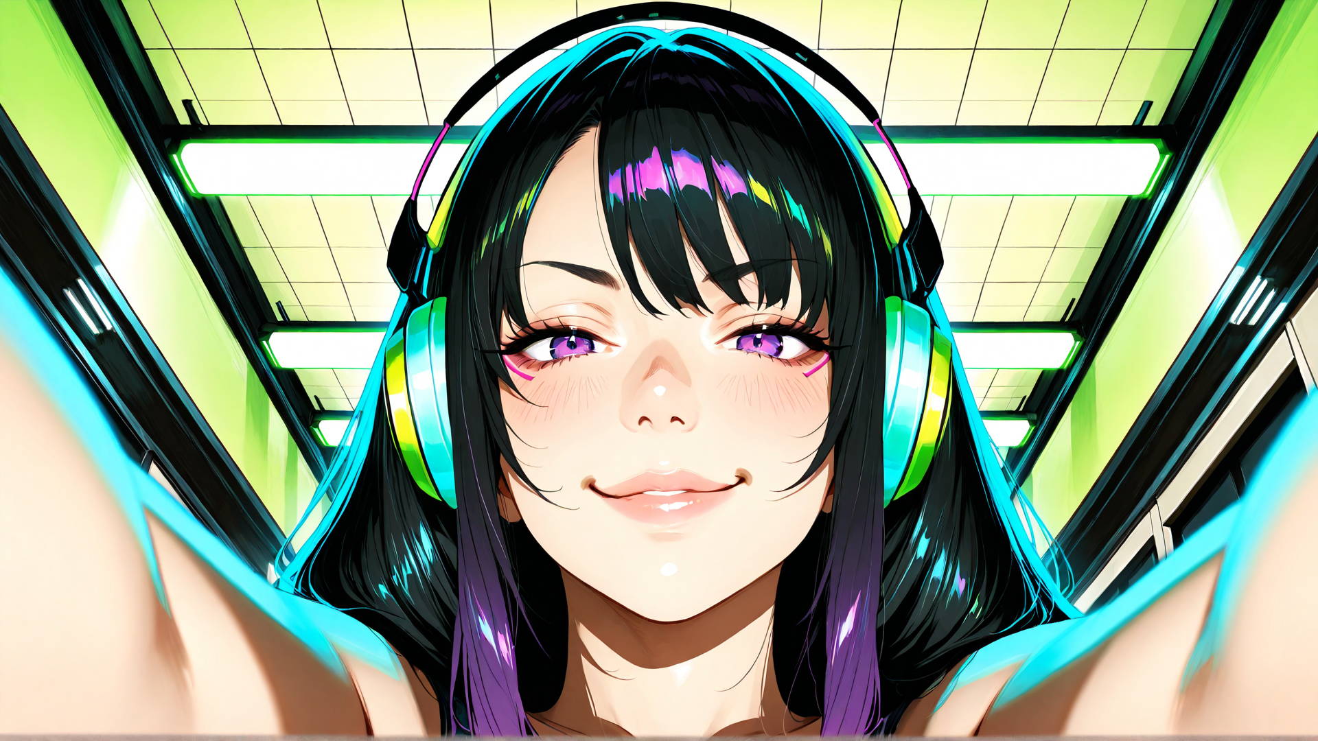 AI generated wallpaper featuring anime girl, headphones, corridor
