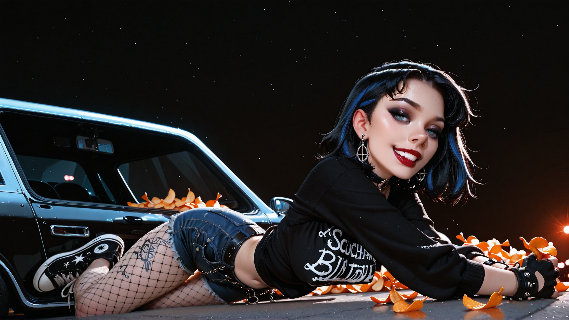 AI generated wallpaper featuring woman, car, orange peels, fashion, tattoo, fishnet, gloves, jeans, sneakers, choker