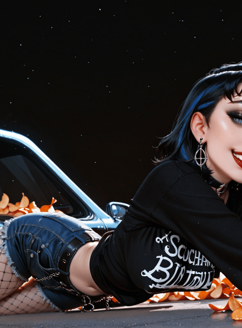 woman, car, orange peels, fashion, tattoo, fishnet, gloves, jeans, sneakers, choker